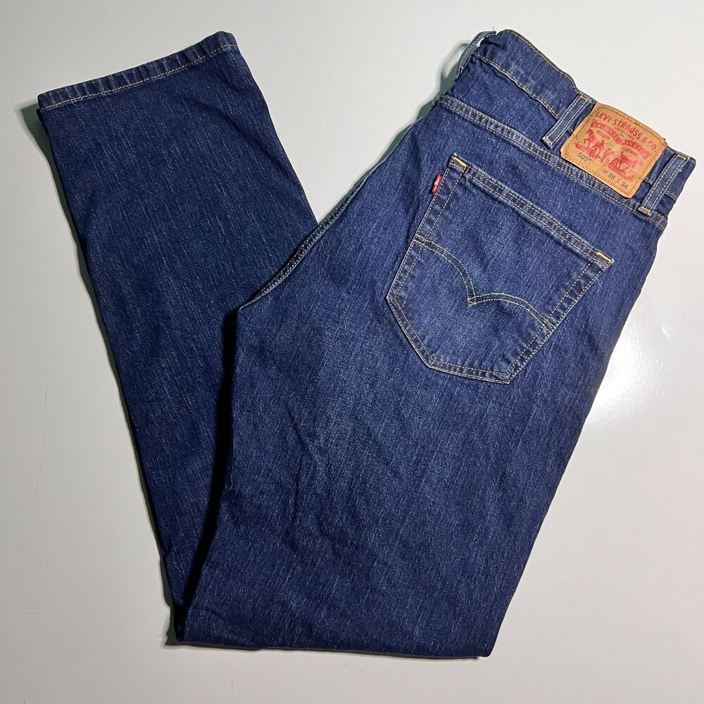 Levis 505 Mens Jeans 38x34 Regular Fit Straight Leg Dark Wash Blue Denim Red Tab